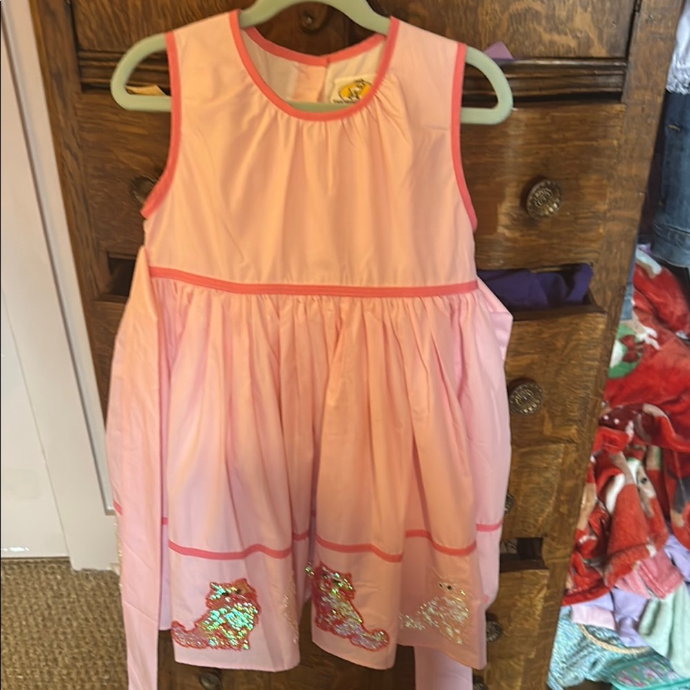 Girls Pink Sleeveless Dress with Sequin Cats